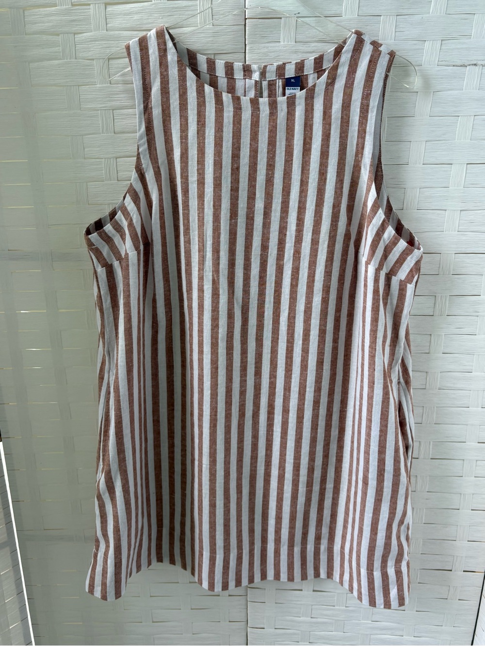 Old Navy Size XL Brown & White Linen Blend Striped Sleeveless Dress Pockets